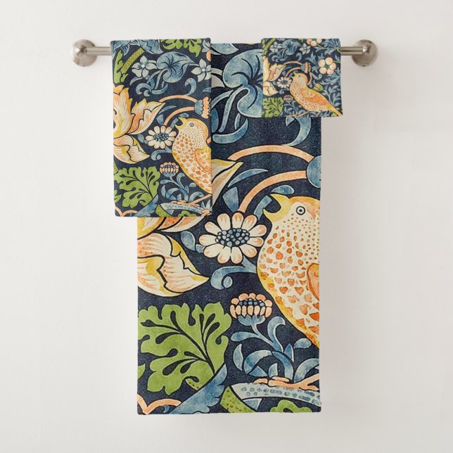 William Morris Strawberry Thief Floral Pattern Bath Towel Set (Insitu)