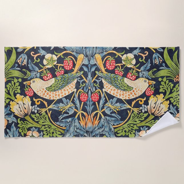 William Morris Strawberry Thief Floral Pattern Beach Towel (Front)