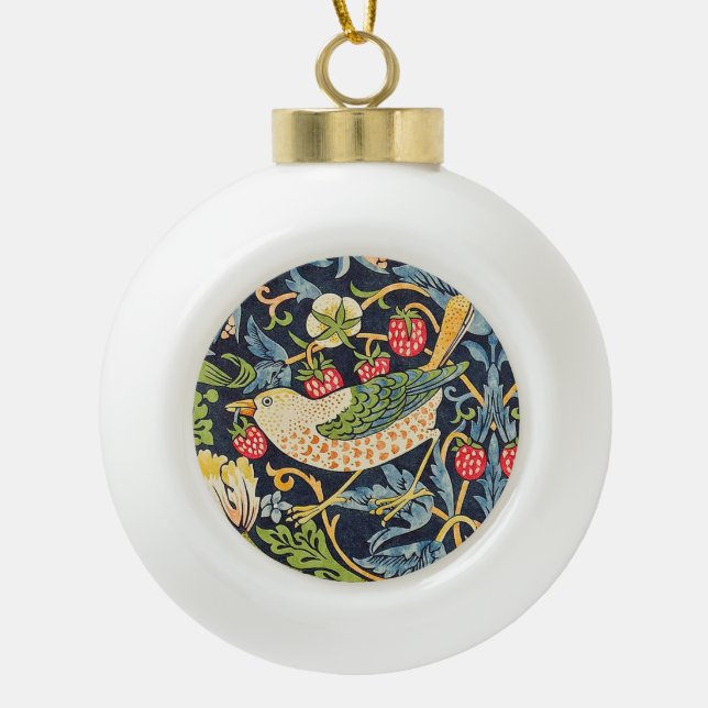 William Morris Strawberry Thief Floral Pattern Ceramic Ball Christmas Ornament (Front)