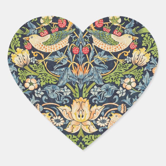 William Morris Strawberry Thief Floral Pattern Heart Sticker (Front)