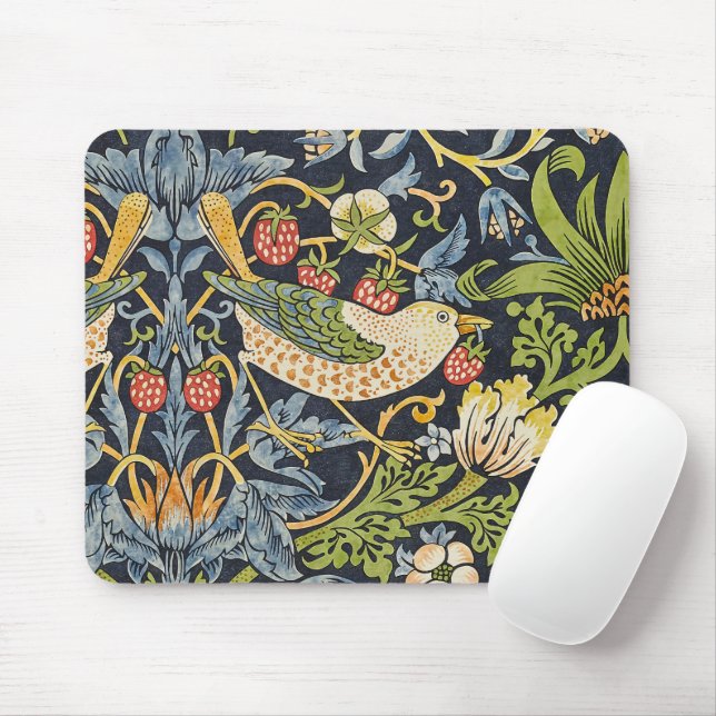 William Morris - Strawberry Thief Floral Pattern Mouse Mat (With Mouse)