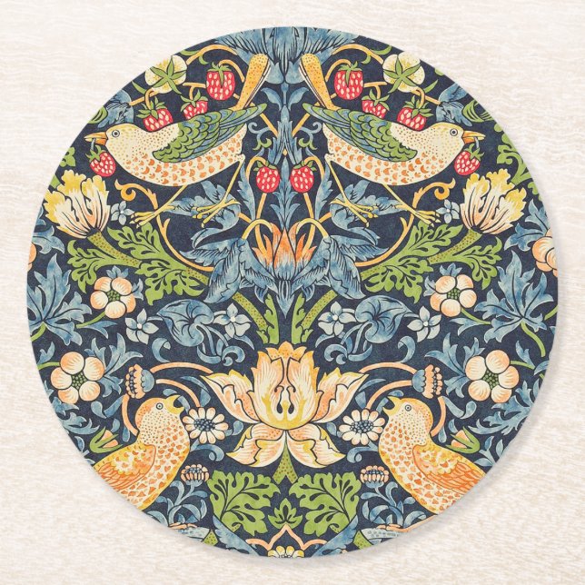 William Morris Strawberry Thief Floral Pattern Round Paper Coaster (Front)