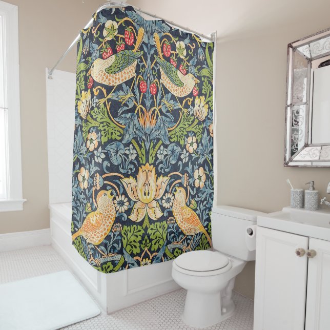 William Morris Strawberry Thief Floral Pattern Shower Curtain (In Situ)