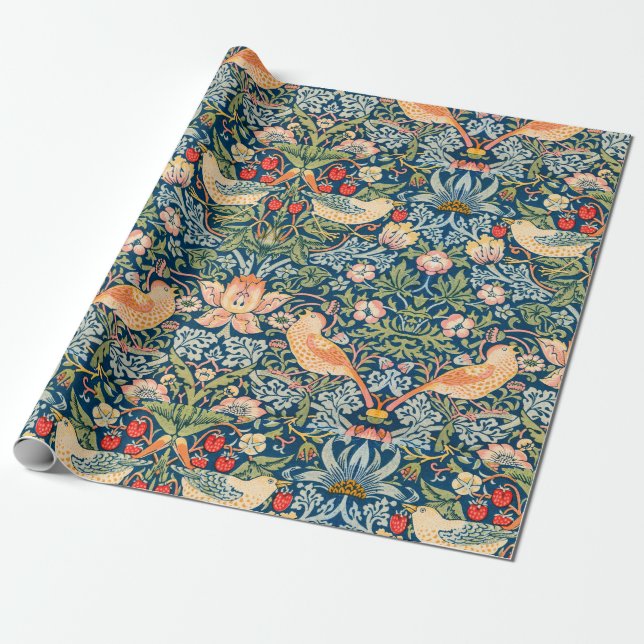 William Morris Strawberry Thief Floral Pattern Wrapping Paper (Unrolled)