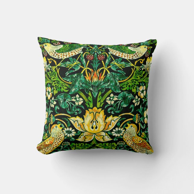 William Morris Strawberry Thief Green And Orange Cushion (Front)