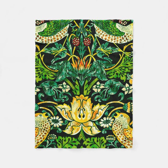 William Morris Strawberry Thief Green And Orange Fleece Blanket (Front)