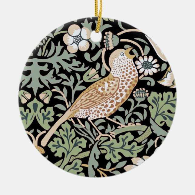 William Morris Strawberry Thief I Black Birds Ceramic Tree Decoration (Front)