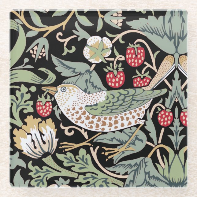 William Morris Strawberry Thief I Black Birds Glass Coaster (Front)