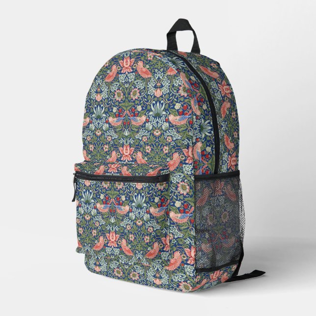 William Morris Strawberry Thief Navy Coral Printed Backpack (Back Corner Right)