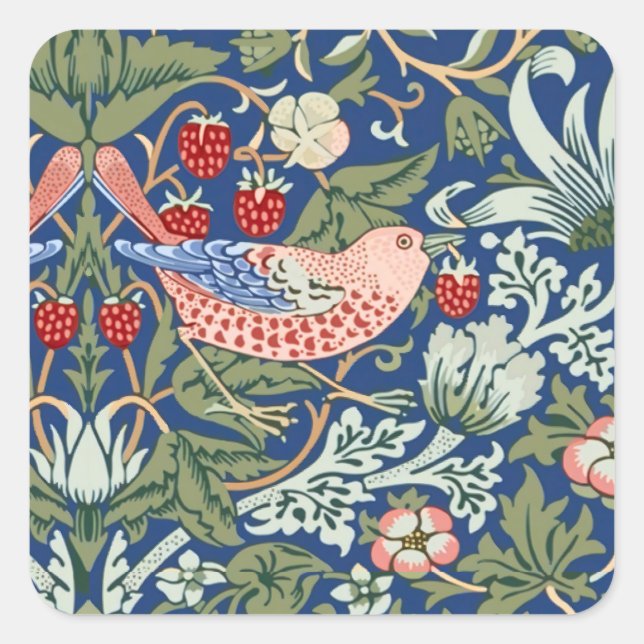 William Morris Strawberry Thief Navy Coral Square Sticker (Front)