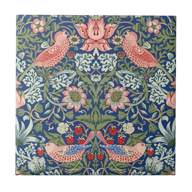 William Morris Strawberry Thief Navy Coral Tile (Front)