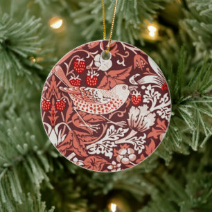 William Morris Strawberry Thief Terracotta Bird Ceramic Tree Decoration