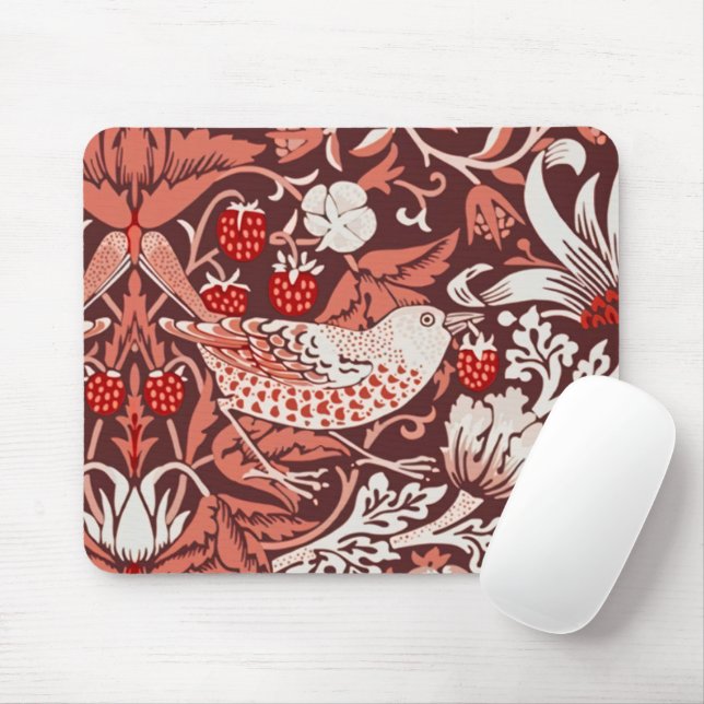 William Morris Strawberry Thief Terracotta Bird Mouse Mat (With Mouse)