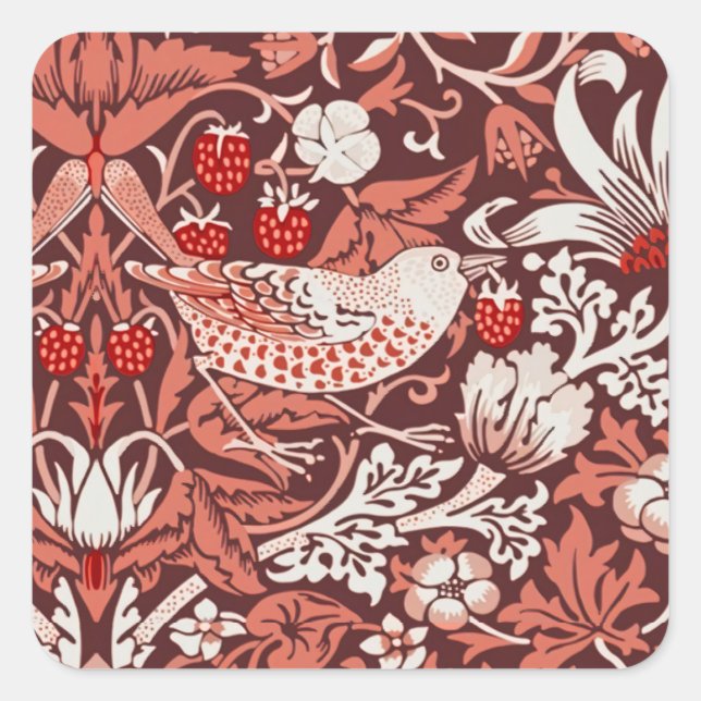 William Morris Strawberry Thief Terracotta Bird Square Sticker (Front)