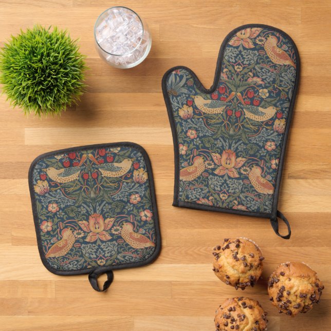 William Morris Strawberry Thieves Birds Oven Mitt & Pot Holder Set (Top Down)
