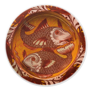 William Morris Style Arts and Crafts Red Fish Art Ceramic Knob