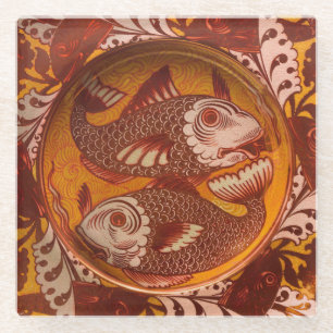 William Morris Style Arts and Crafts Red Fish Art Glass Coaster