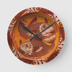 William Morris Style Arts and Crafts Red Fish Art Round Clock