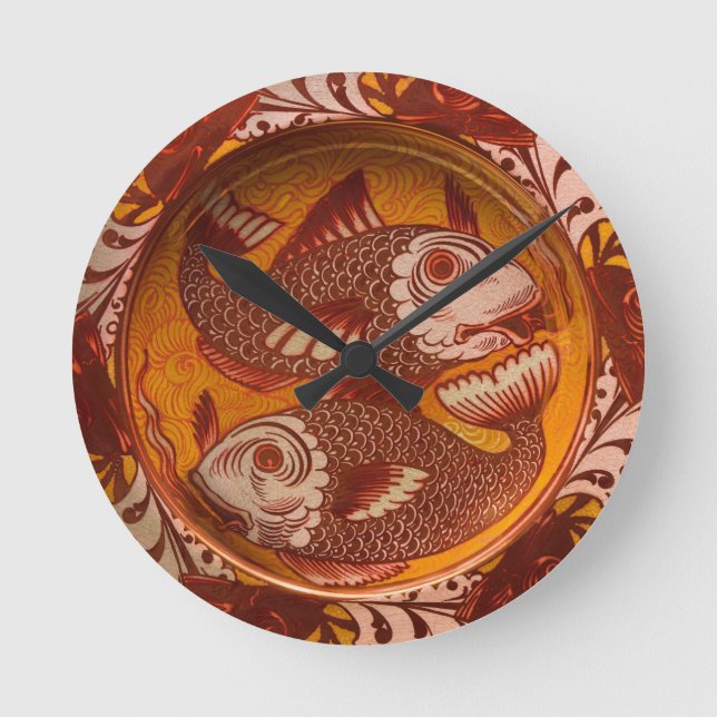 William Morris Style Arts and Crafts Red Fish Art Round Clock (Front)