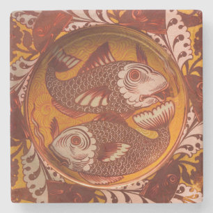 William Morris Style Arts and Crafts Red Fish Art Stone Coaster