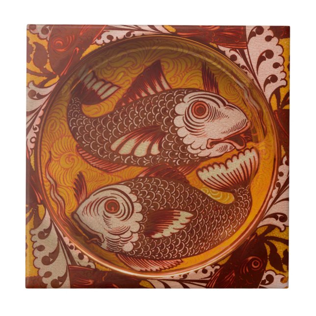 William Morris Style Arts and Crafts Red Fish Art Tile (Front)