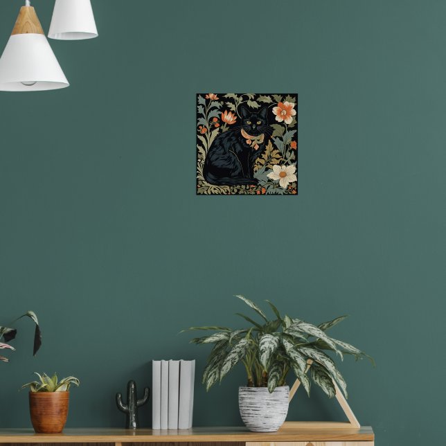 William Morris Style Black Cute Cat Botantical Poster (Living Room 1)
