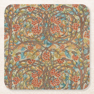 William Morris Style Cottagecore Squirrel Floral Square Paper Coaster
