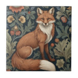 William Morris style Floral Right Facing Fox Tile<br><div class="desc">"country classic art nouveau", "red fox", "sage green woodland animals", "british william morris ceramic tile", "leafy woods dark navy blue", "forest tree leaf leaves antique", "vintage yellow red wildflowers", "wildlife english garden animal", "nature floral flower botanical", "right facing traditional flowers"</div>