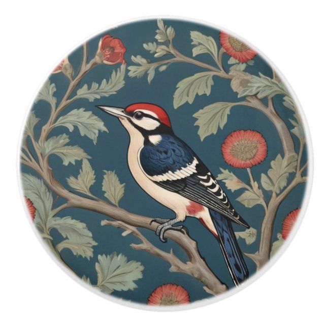 William Morris style Great spotted woodpecker Bird Ceramic Knob (Front)