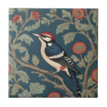 William Morris style Great spotted woodpecker Bird Tile<br><div class="desc">"classy classic art nouveau",  "red Great spotted woodpecker Bird",  "sage green woodland animals",  "william morris ceramic tile",  "leafy dark navy blue",  "stylish forest tree leaves",  "left facing vintage birds",  "wildlife garden animal on branch",  "nature floral flower botanical",  "old fashioned traditional antique"</div>
