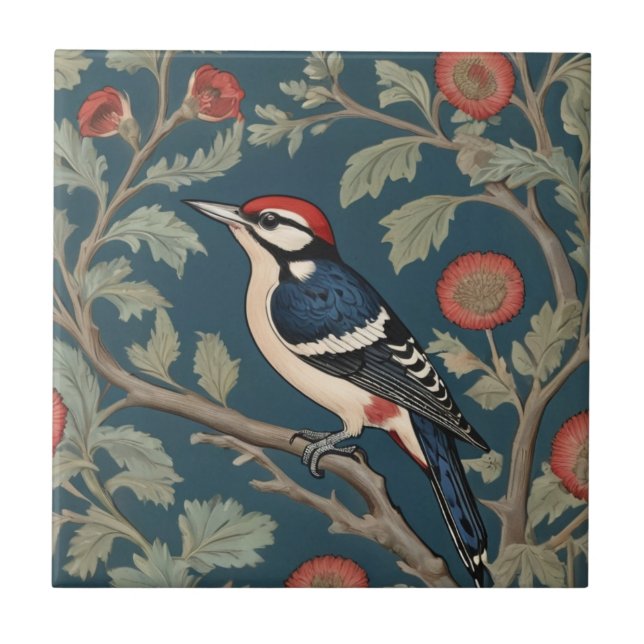 William Morris style Great spotted woodpecker Bird Tile (Front)