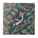 William Morris style Great spotted woodpecker Bird Tile<br><div class="desc">"classy classic art nouveau",  "red Great spotted woodpecker Bird",  "sage green woodland animals",  "william morris ceramic tile",  "leafy dark navy blue",  "stylish forest tree leaves",  "right facing vintage birds",  "wildlife garden animal on branch",  "nature floral flower botanical",  "old fashioned traditional antique"</div>