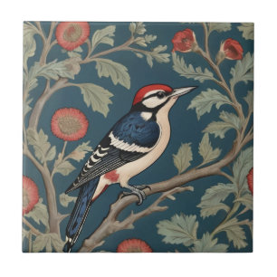William Morris style Great spotted woodpecker Bird Tile