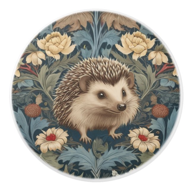 William Morris style Hedgehog Right Facing Floral Ceramic Knob (Front)