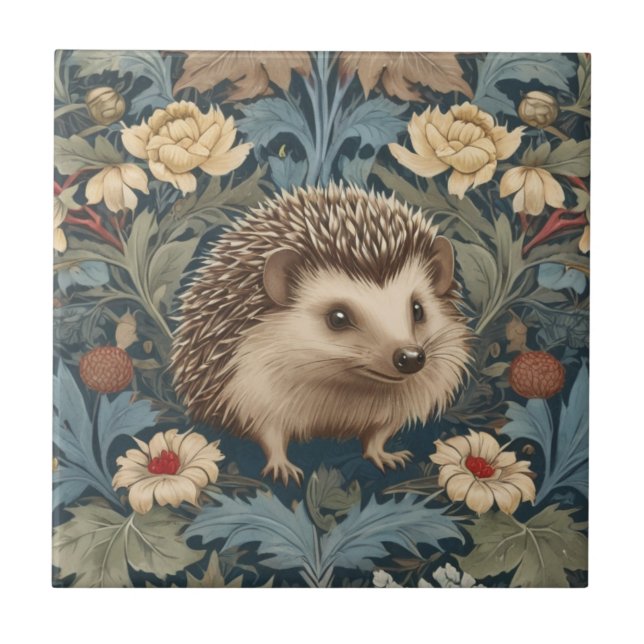 William Morris style Hedgehog Right Facing Floral Tile (Front)