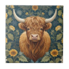 William Morris style Highland Cow Yellow Sunflower