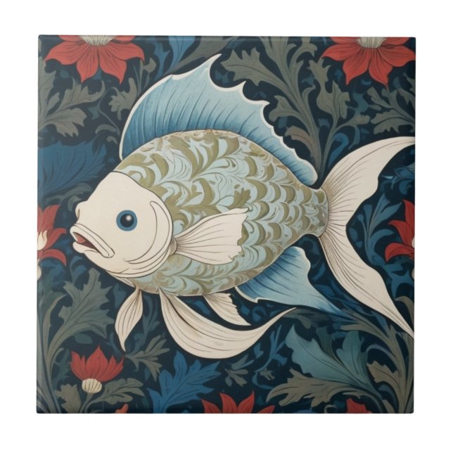 William Morris style L Fish Underwater Sea Ocean Tile (Front)