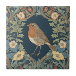 William Morris style L Robin Redbreast Bird Tile