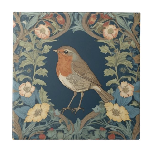 William Morris style L Robin Redbreast Bird Tile (Front)