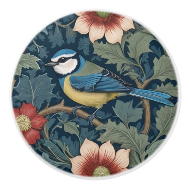 William Morris style Left facing Bird Blue Tit  Ceramic Knob (Front)