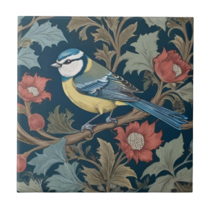 William Morris style Left facing Bird Blue Tit Tile