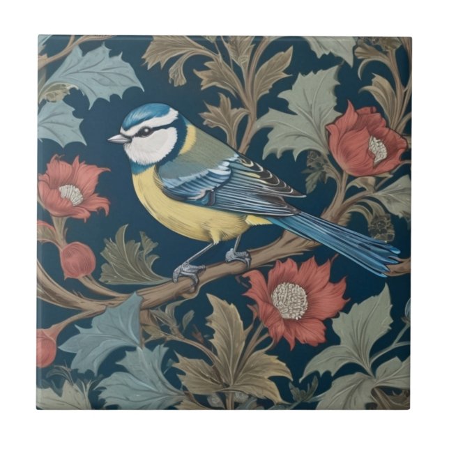 William Morris style Left facing Bird Blue Tit  Tile (Front)