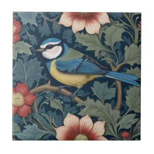 William Morris style Left facing Bird Blue Tit Tile