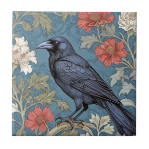 William Morris style Left facing Black Crow Bird  Tile