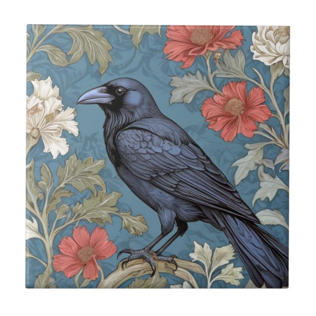 William Morris style Left facing Black Crow Bird  Tile (Front)