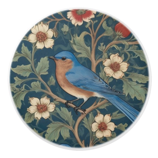 William Morris style Left facing Bluebird Bird Ceramic Knob (Front)