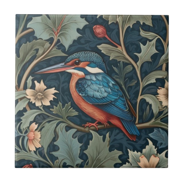 William Morris style Left facing Kingfisher Bird Tile (Front)