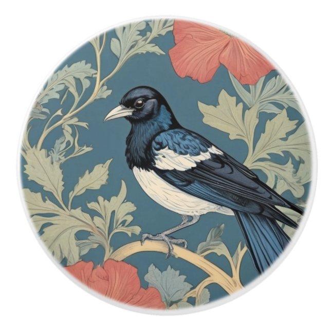 William Morris style Left facing Magpie Bird  Ceramic Knob (Front)