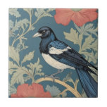 William Morris style Left facing Magpie Bird Tile<br><div class="desc">"classy classic art nouveau", "black and white magpie Bird", "sage green woodland animals", "british william morris ceramic tile", "leafy dark navy blue raven", "stylish red forest tree leaves", "left facing english vintage birds", "wildlife garden animal on branch", "nature floral flower botanical", "leaf flowers traditional antique"</div>