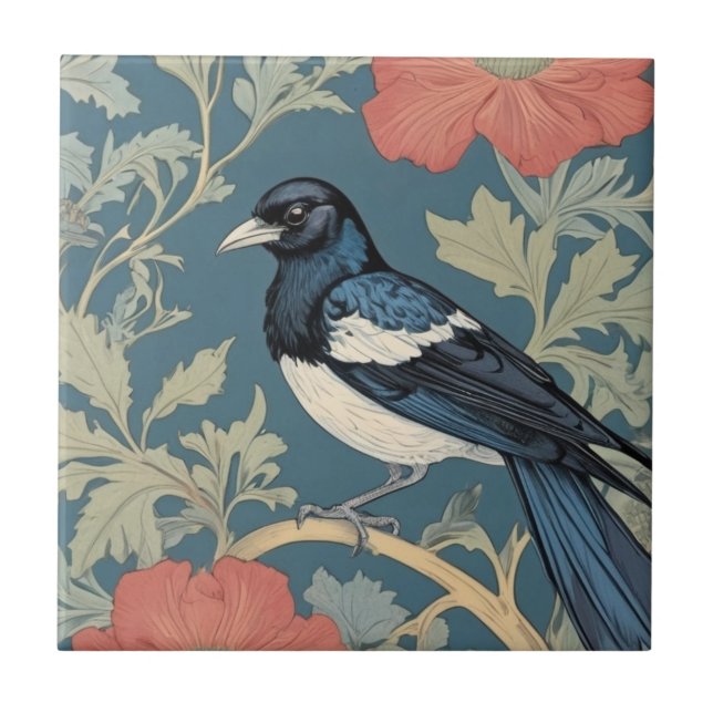 William Morris style Left facing Magpie Bird  Tile (Front)